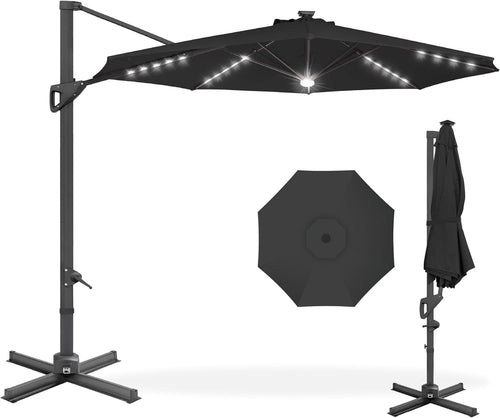 10Ft Solar LED Cantilever Patio Umbrella, 360-Degree Rotation Hanging