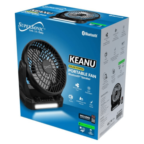 Supersonic Solar-Powered BT Speaker with FM Radio, LED Flashlight &