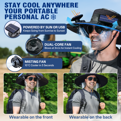 UPF50+ Solar cooling fan cap, Solar fan cap and USBcharging -Cooling
