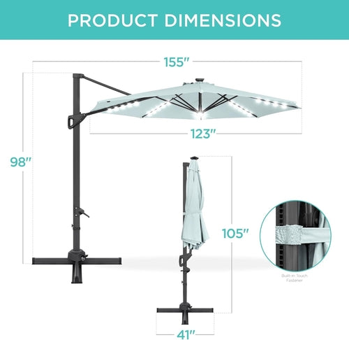 10Ft Solar LED Cantilever Patio Umbrella, 360-Degree Rotation Hanging
