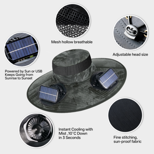 UPF50+ Solar cooling fan cap, Solar fan cap and USBcharging -Cooling
