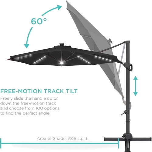 10Ft Solar LED Cantilever Patio Umbrella, 360-Degree Rotation Hanging