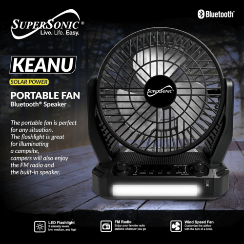 Supersonic Solar-Powered BT Speaker with FM Radio, LED Flashlight &