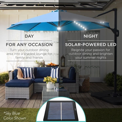 10Ft Solar LED Cantilever Patio Umbrella, 360-Degree Rotation Hanging