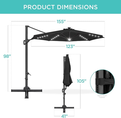 10Ft Solar LED Cantilever Patio Umbrella, 360-Degree Rotation Hanging