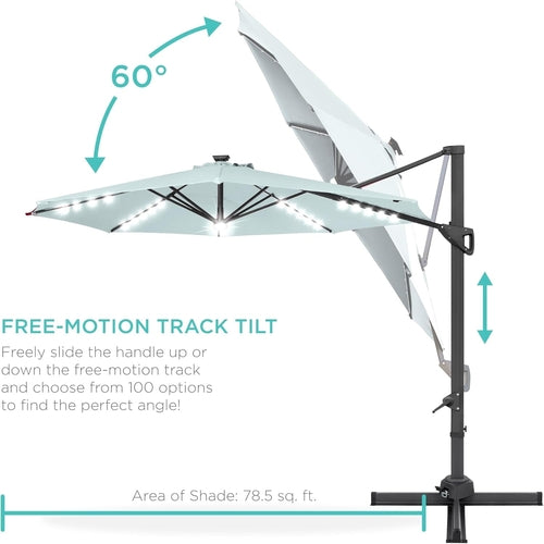 10Ft Solar LED Cantilever Patio Umbrella, 360-Degree Rotation Hanging